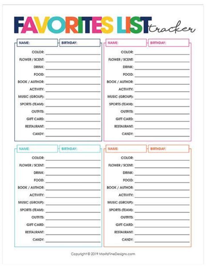 Favorites List Tracker Free Printable Download Organizer