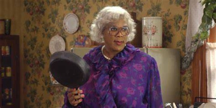 Madea holds a frying pan in Madea's family reunion