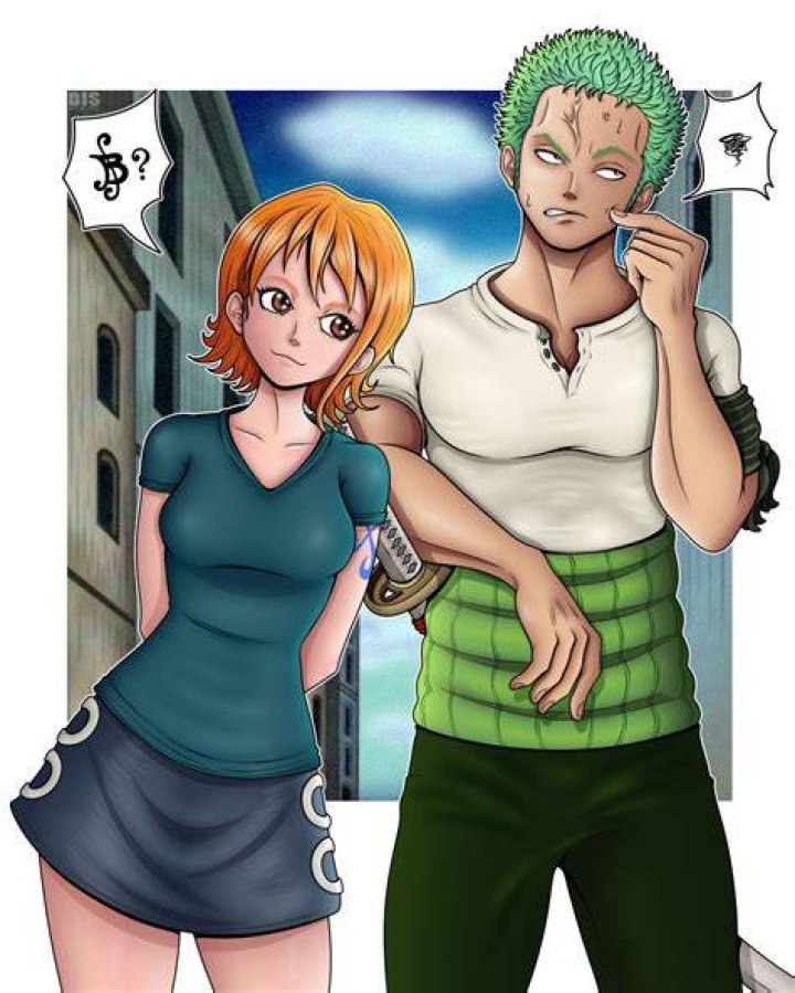 Nami ruffling Zoro's hair in One Piece