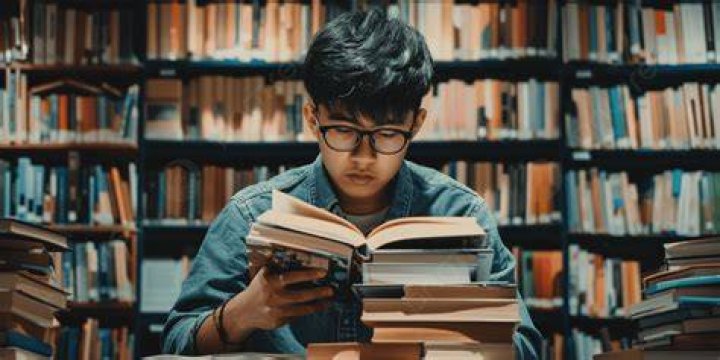 person concentrating on reading surrounded by instruments and books