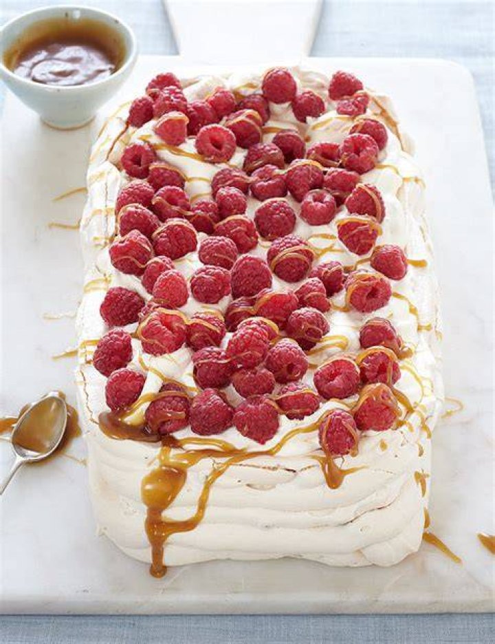 Raspberry, apple and butterscotch pavlova. Photo / Babiche Martens
