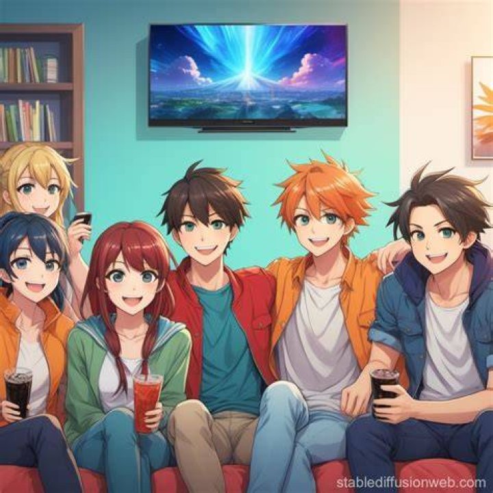 seven unique travelers watching tv together in a hostel common room