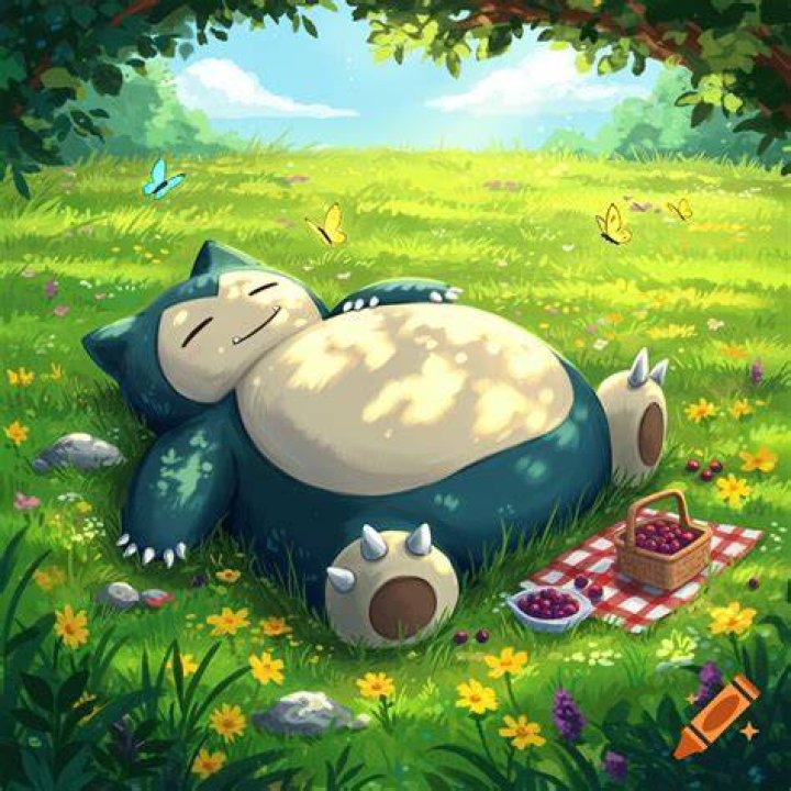 Snorlax sleeping in a field of pumpkins carved into Pok&eacute;mon shapes, together with a Pikachu wearing a Halloween hat, a Meowth, a Cubobe, two Gastly, and a Haunter