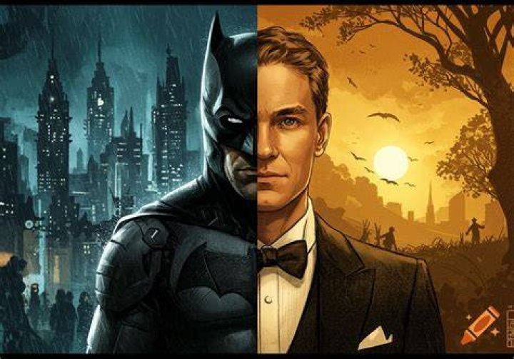 Split image of Bruce Wayne in his lair and Selina Kule and Batman on a rooftop